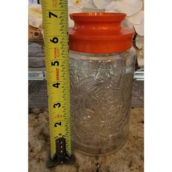 Vintage Anchor Hocking Floral Design Glass Container Red/Orange Lid - Picture 3 of 5